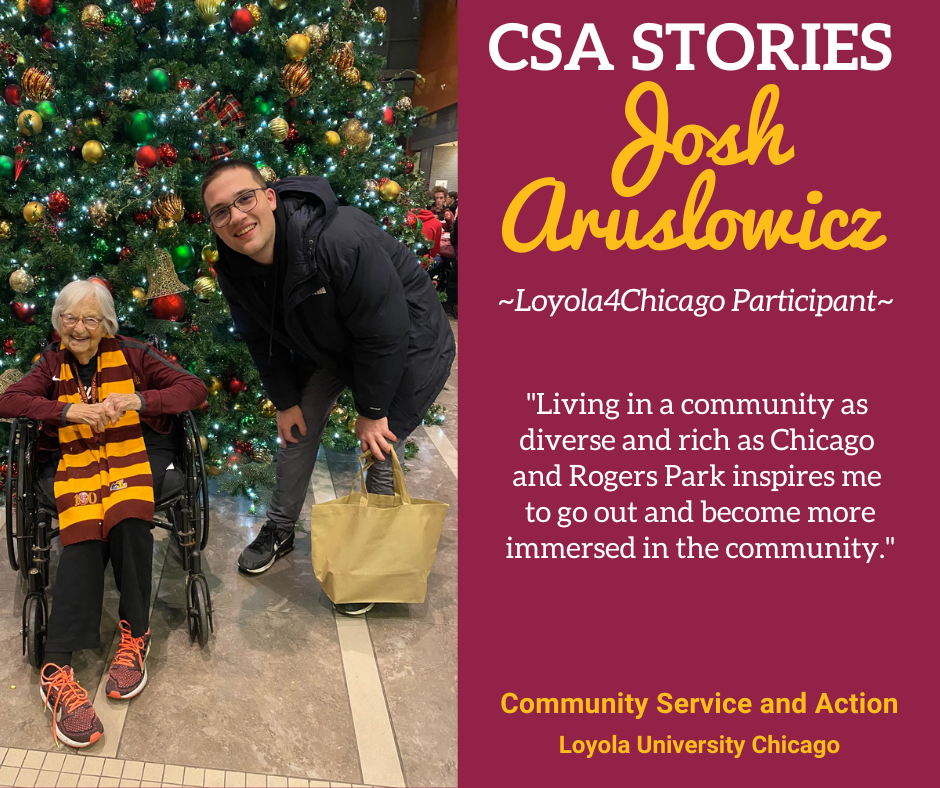 CSA Story Header for Josh Arsulowicz; image of Josh and Sr. Jean on a maroon and gold background